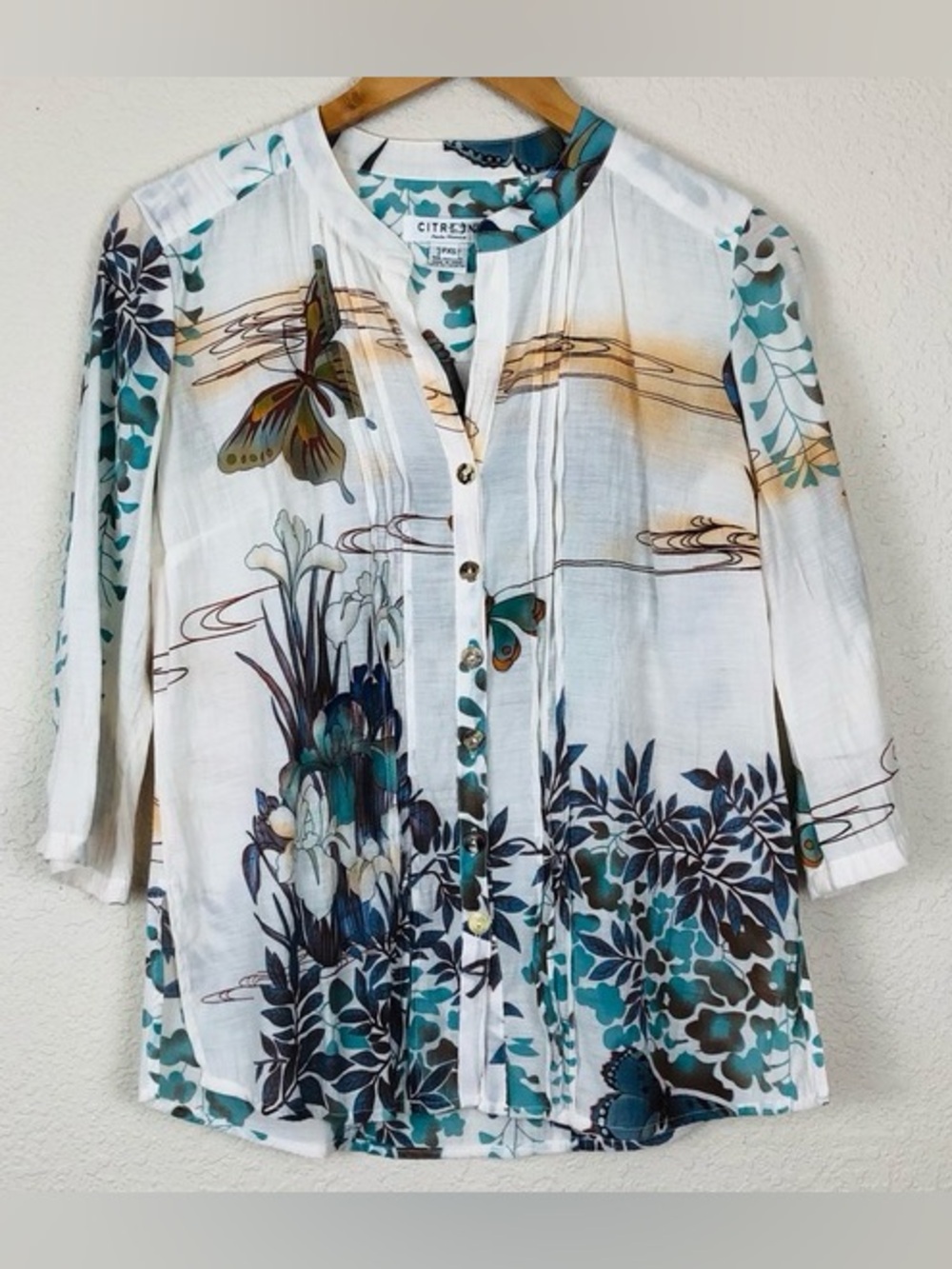 Citron Bamboo Blend Butterfly Floral Button Front‎ Blouse Boho Top Size XL
